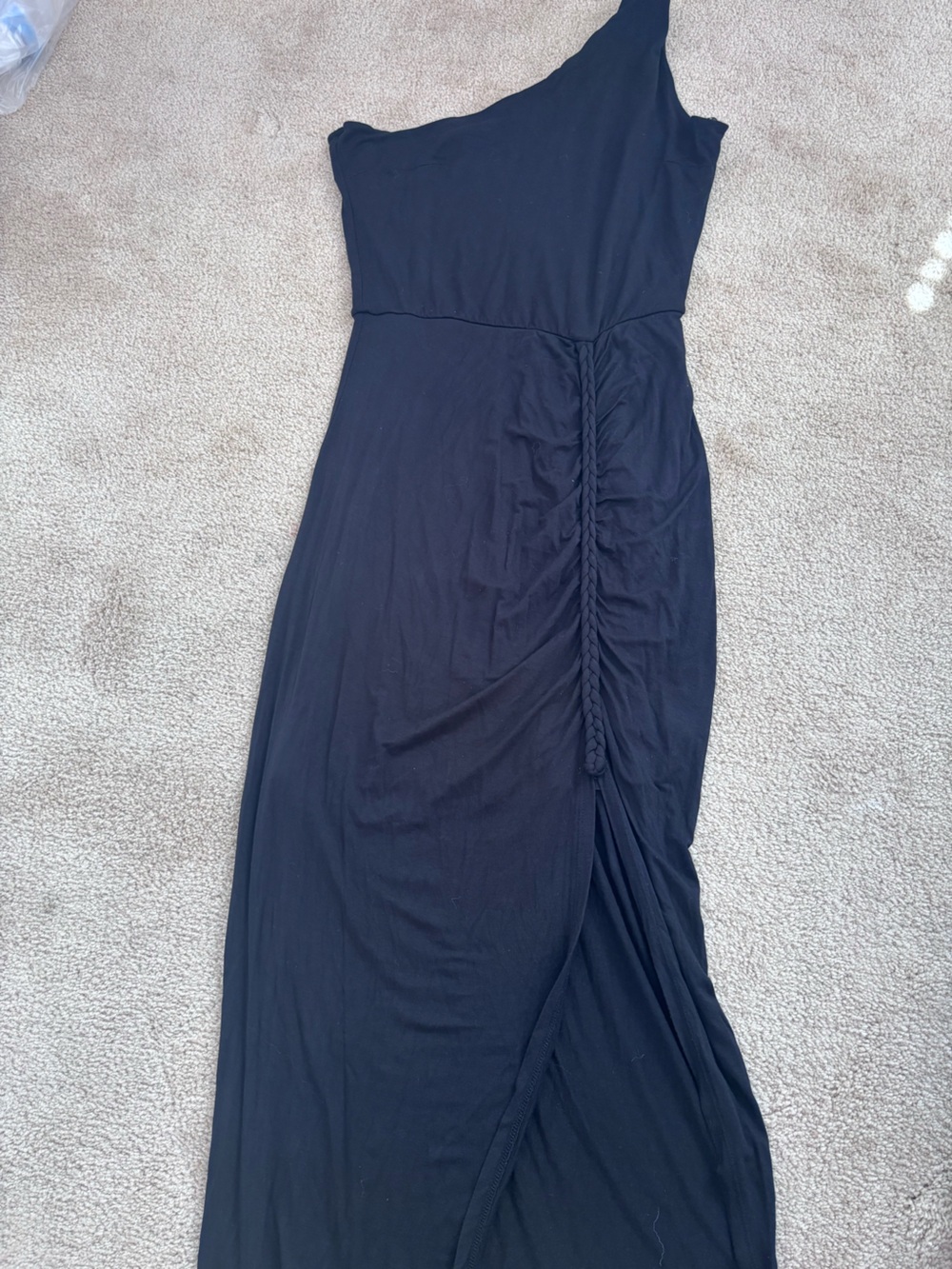 bebe One-Shoulder Black Maxi Dress with Side Braid